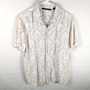 Perry Ellis L Geometric Shirt Mens Beige White Viscose Cuban Collar Retro Vtg